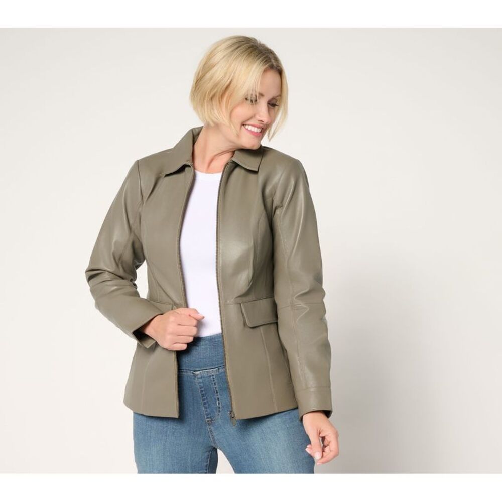 Liberare Women's Petite Jacket PM Denim & Co. Lamb Leather Zip Front Gray